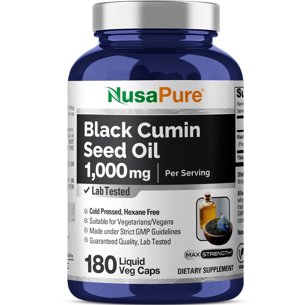 NusaPure Black Seed Oil 1000 mg per servering 180 Softgel kapsler (non-GMO, vegetar) Cold- Pressed Virgin Nigella Sativa. Hexan fri