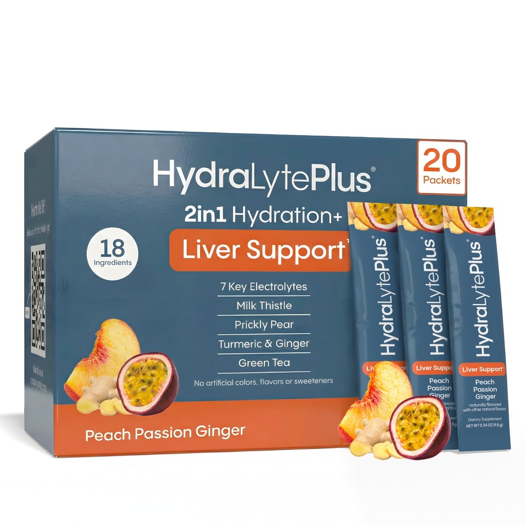 Hydralyte Leverstøtte + Electrolyte Mix med mælk tidsel, gurkemeje, Ingefær, Prickly Pære, Green Tea Extract Formuleret til hurtig rehydrering (Peach Passion Ginger, 20 Pakets)