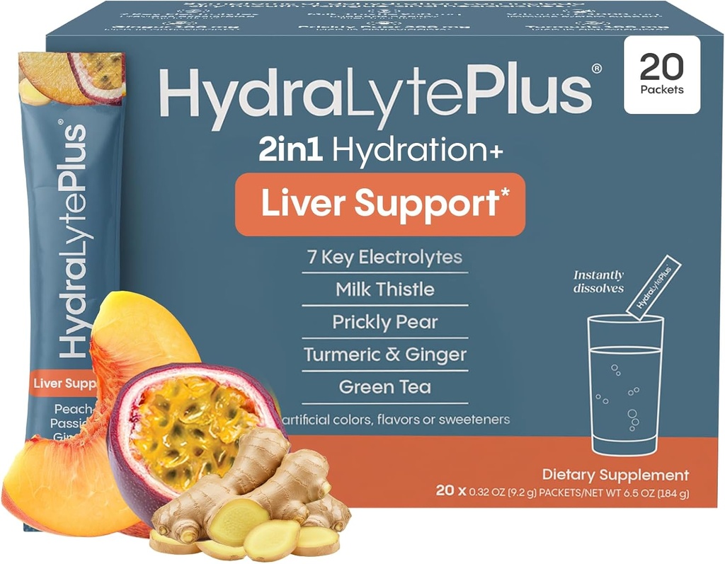 Hydralyte Leverstøtte + Electrolyte Mix med mælk tidsel, gurkemeje, Ingefær, Prickly Pære, Green Tea Extract Formuleret til hurtig rehydrering (Peach Passion Ginger, 20 Pakets)