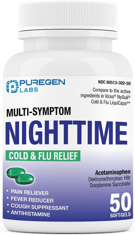 Puregen Labs Nighttime Cold and Flu Relief Medicine Note 124; 50 Softgel Liquid Capsules Note 124; Hjælper Relieve Sore Hals, Hough, Feber, Hovedpine, Runny Næse, Congestion og Aches