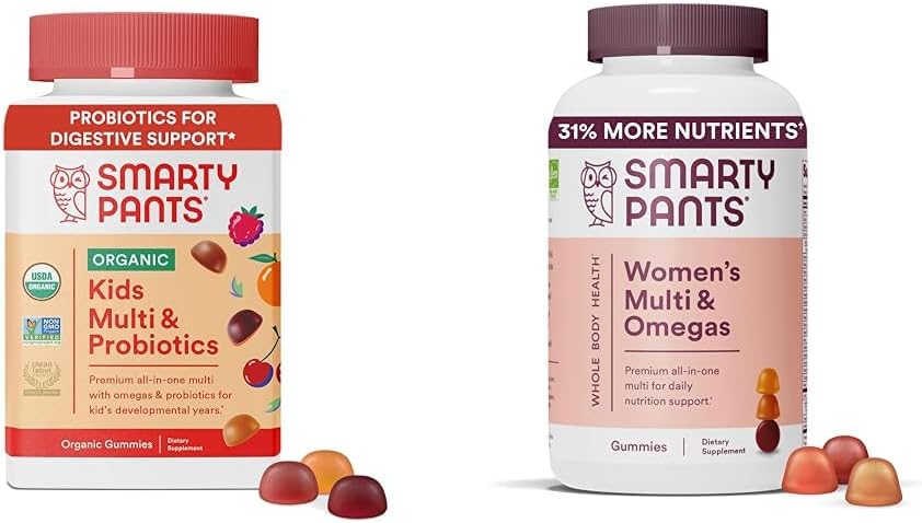 SmartyPants Organic Kids Multivitamin Gummies: Probiotika, Omega 3 (ALA), Vitamin D3, C, Vitamin B12 & Kvinder Multivitamin Gummies: Omega 3 Fish Oil (EPA / DHA), Methylfolat, CoQ10