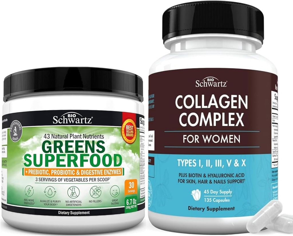 Super grønne pulver med Probiotika Prebiotika og fordøjelsesenzymer (30 Servere) Plus hydrolyseret Collagen Peptid Kapsler (45 dages forsyning)