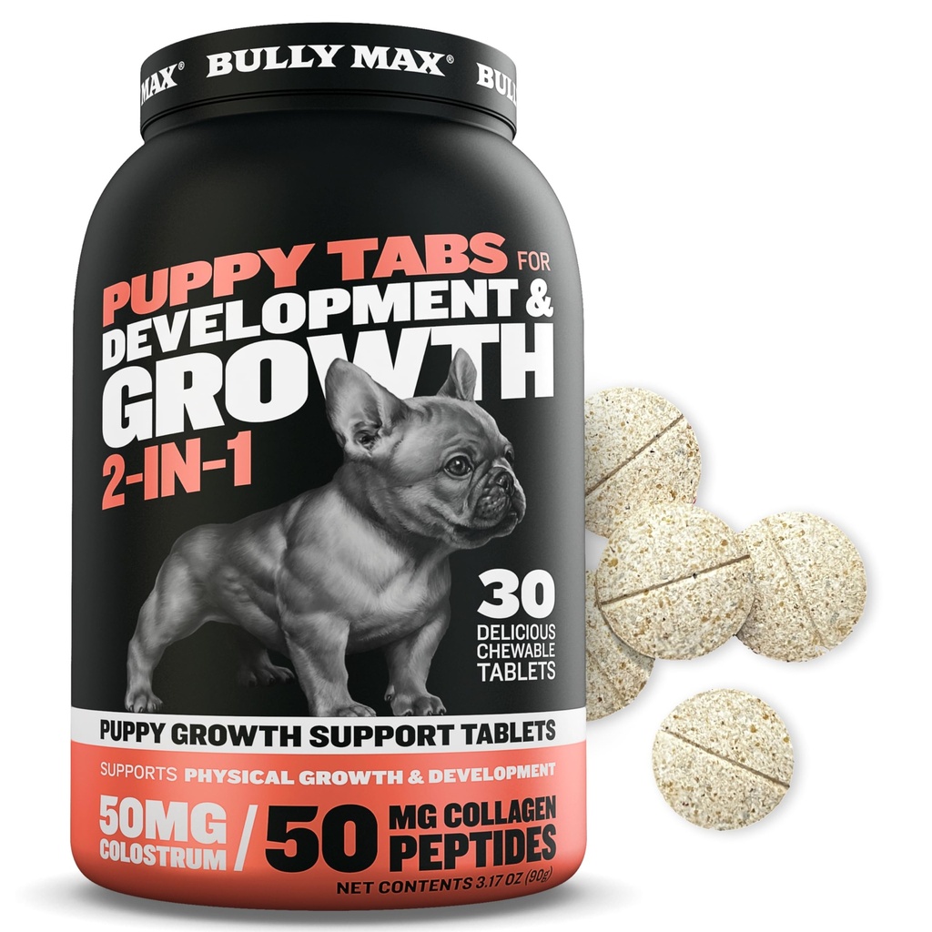 Bully Max 2- in-1 Puppy Vitaminer - 30 tyggetabletter til udvikling og vækst af hvalpe - Hundebehandlinger, Vitamin & Kosttilskud til små hunde & store Breed Growing Pups - Kan bruges som mad Topper