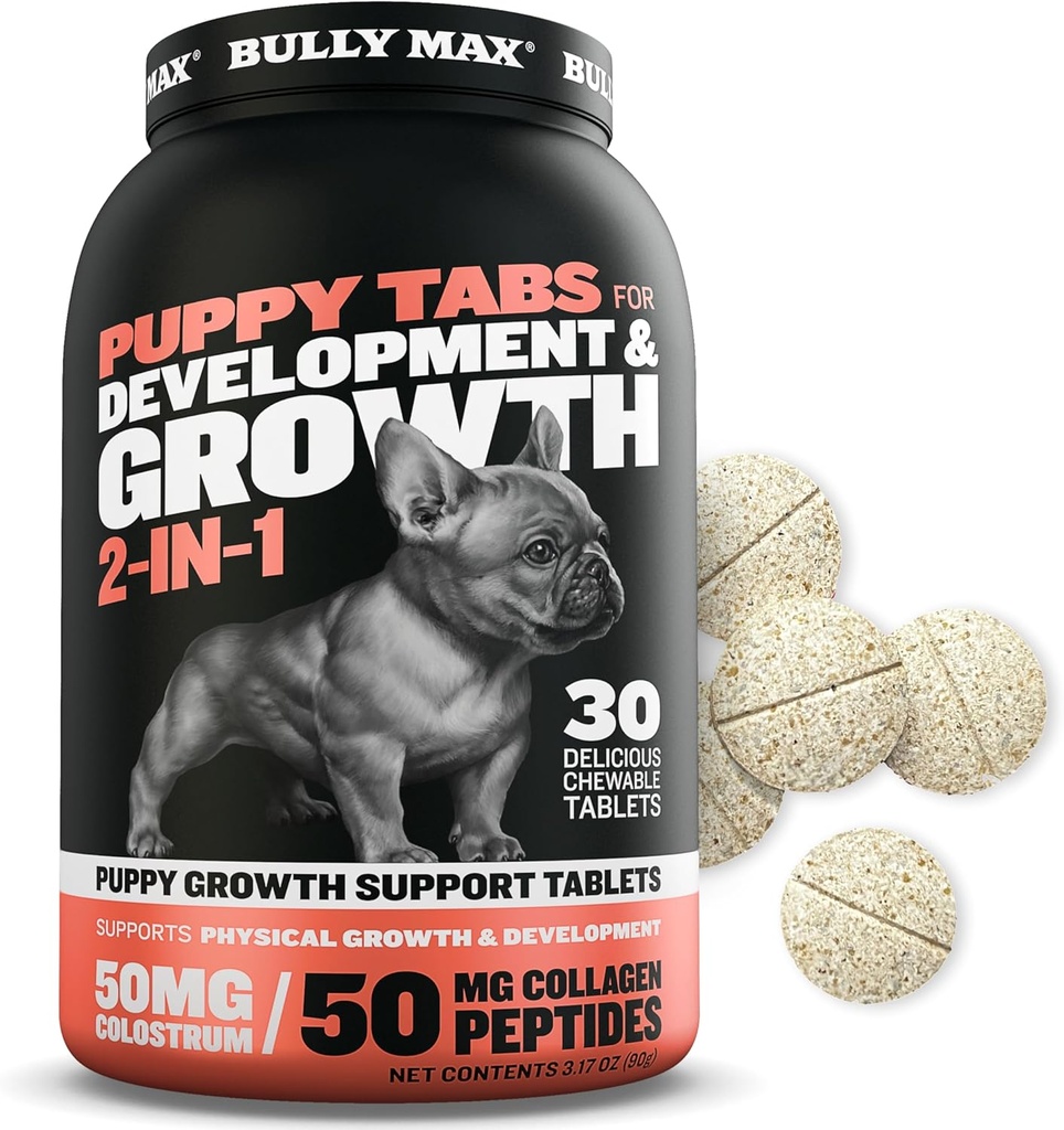 Bully Max 2- in-1 Puppy Vitaminer - 30 tyggetabletter til udvikling og vækst af hvalpe - Hundebehandlinger, Vitamin & Kosttilskud til små hunde & store Breed Growing Pups - Kan bruges som mad Topper