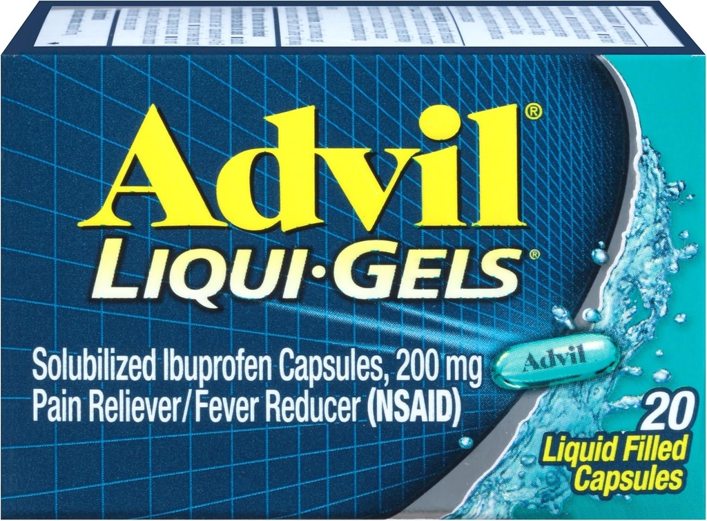 Advil Liqui- Gels Pain Reliever og Fever Reducer, Smerte Medicin for voksne med Ibuprofen 200 mg for hovedpine, rygsmerter, menstruel smerte og fælles smertelindring - 20 flydende fyldte kapsler