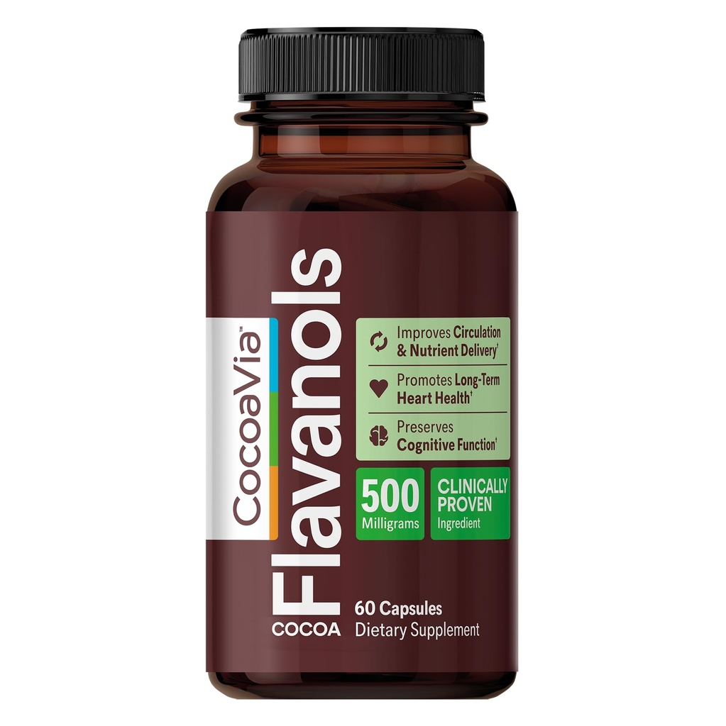 CocoaVia Cardio Health Supplement, 30 Dag, 500mg Cocoa Flavanols, Support Heart Health, Boost Nitroxid, Blood Circulation, Energy, Vegan, Dark Chocolate, 60 Kapsler