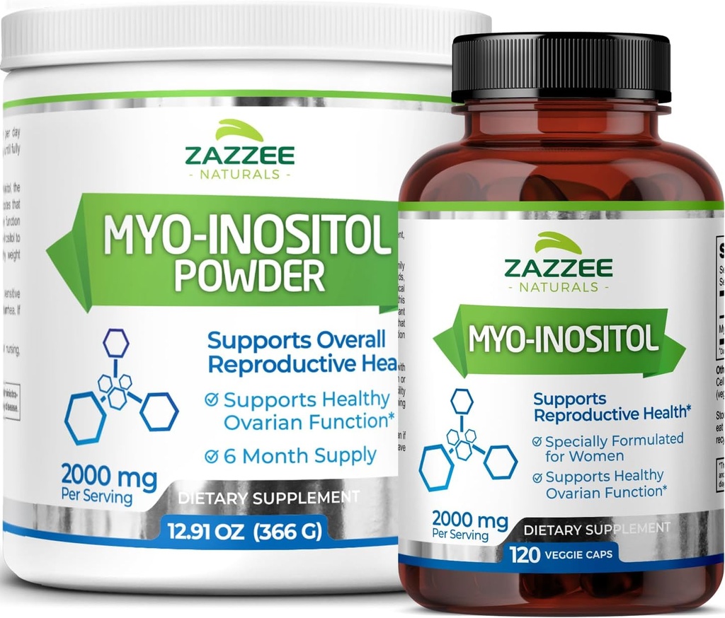 Zazzee Myo- Inositol kapsler og Myo- Inositol pulver, 100% Pure, Premium Grade, Vegan, Non- GMO og alle naturlige