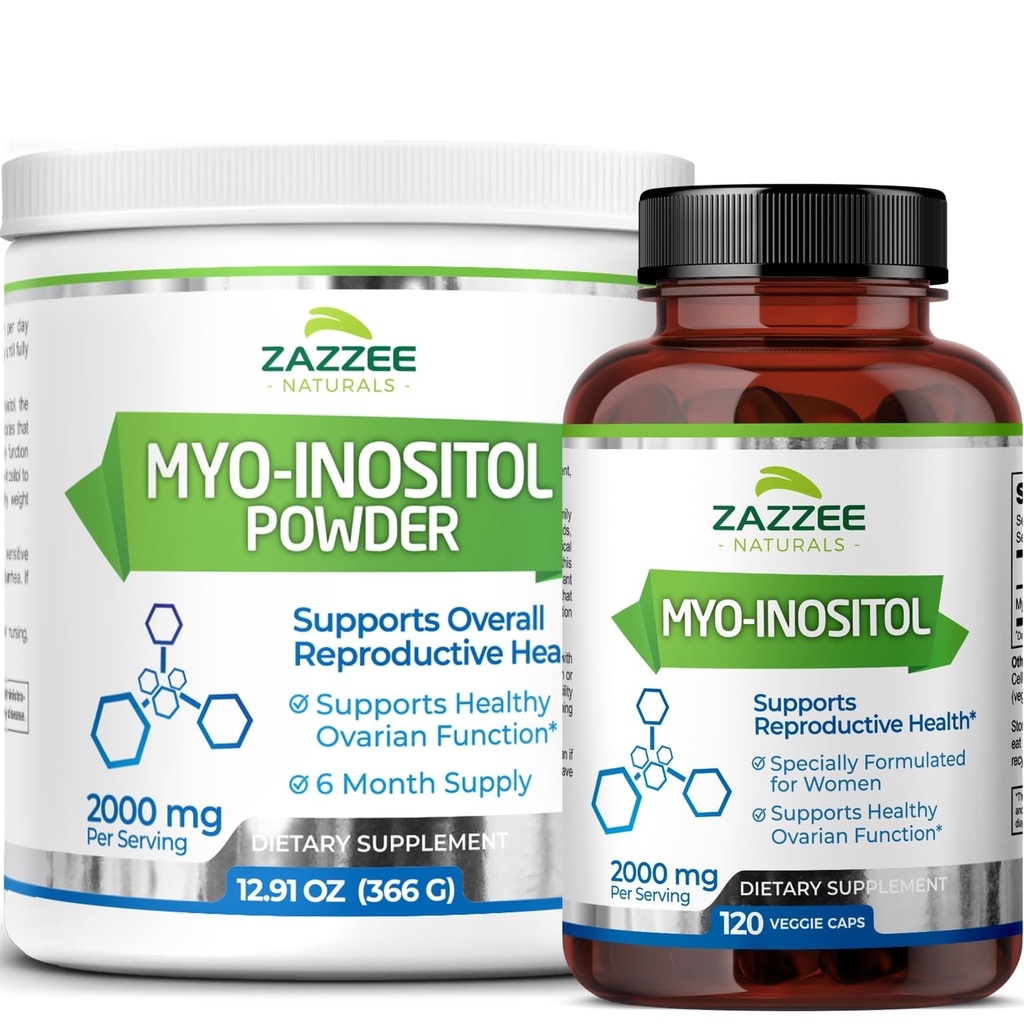 Zazzee Myo- Inositol kapsler og Myo- Inositol pulver, 100% Pure, Premium Grade, Vegan, Non- GMO og alle naturlige