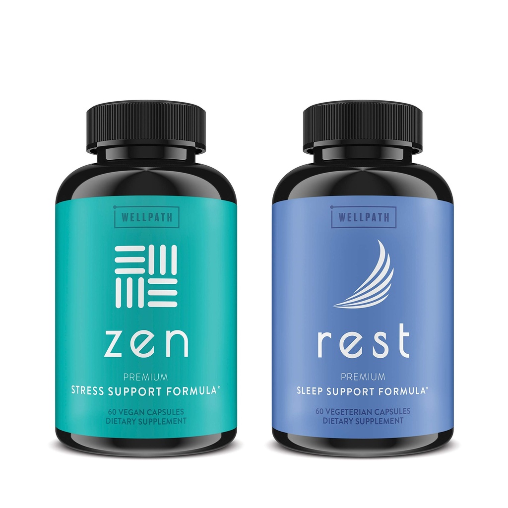 WellPath Zen Mood Support + Rest Valerian Root Sleep Aid Supplements 2 Pack - Ultimate Kombination for Calm Mood, Energy & Natural Sleep Support - L- Theanine & andre naturlige ingredienser - 60 Cts hver