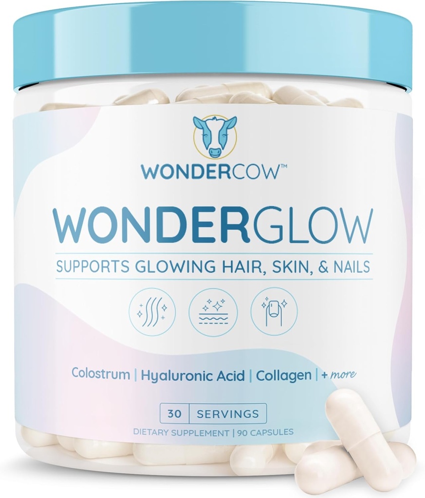 WONDERCOW hår hud og negle Vitaminer w / Bovine Colostrum, Collagen, Hyaluronic Acid, Biotin, Zink, & Lactoferrin Supports Hurtigere hårvækst, stærkere negle og glødende hud (30 Servere, Capsule)