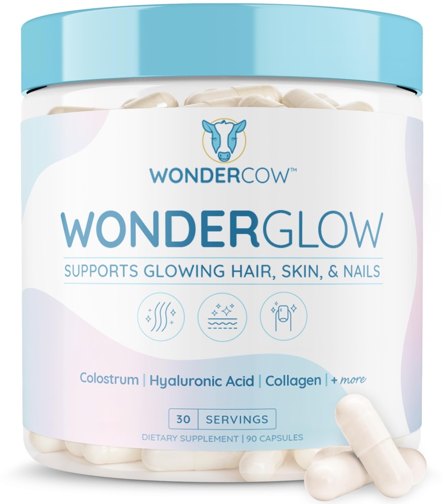 WONDERCOW hår hud og negle Vitaminer w / Bovine Colostrum, Collagen, Hyaluronic Acid, Biotin, Zink, & Lactoferrin Supports Hurtigere hårvækst, stærkere negle og glødende hud (30 Servere, Capsule)