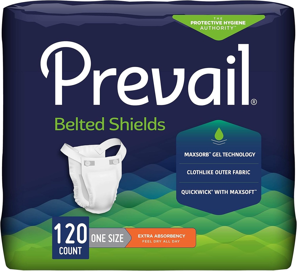 Prevail Incontinence Unisex Belt Shields, Disponible Adult Belt Shield for Mænd & Kvinder - Ekstra Absorbence - 120 Greve (4 pakker med 30)