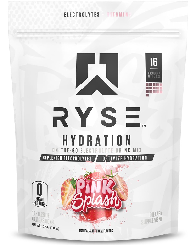 RYSE Hydration Electrolyte Powder Drink Mix Pakninger - Pink Splash - Sukker- Gratis Fuld Spektrum Elektrolyter med essentielle vitaminer, Taurine og cholin til Rehydrering - 16 Serveringssticks