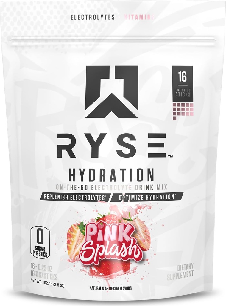 RYSE Hydration Electrolyte Powder Drink Mix Pakninger - Pink Splash - Sukker- Gratis Fuld Spektrum Elektrolyter med essentielle vitaminer, Taurine og cholin til Rehydrering - 16 Serveringssticks
