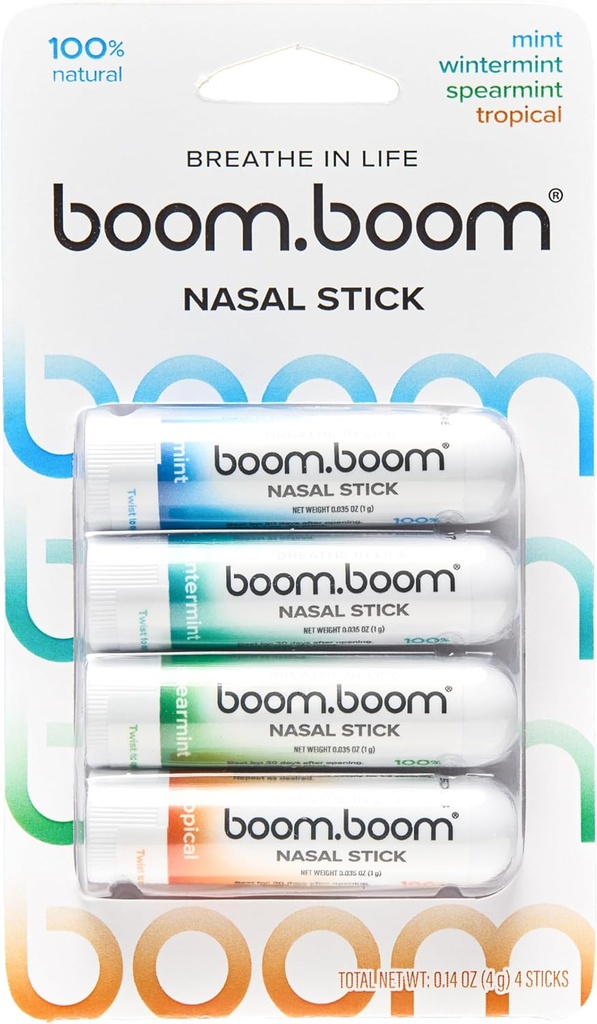 BoomBoom Nasal Stick | Vapor Flow Technology | Cool Refreshing Sensation | Natural Mood Boost | Simple Ingredients | Essential Oils + Menthol Inhaler (Mint, Wintermint, Tropical, Spearmint)