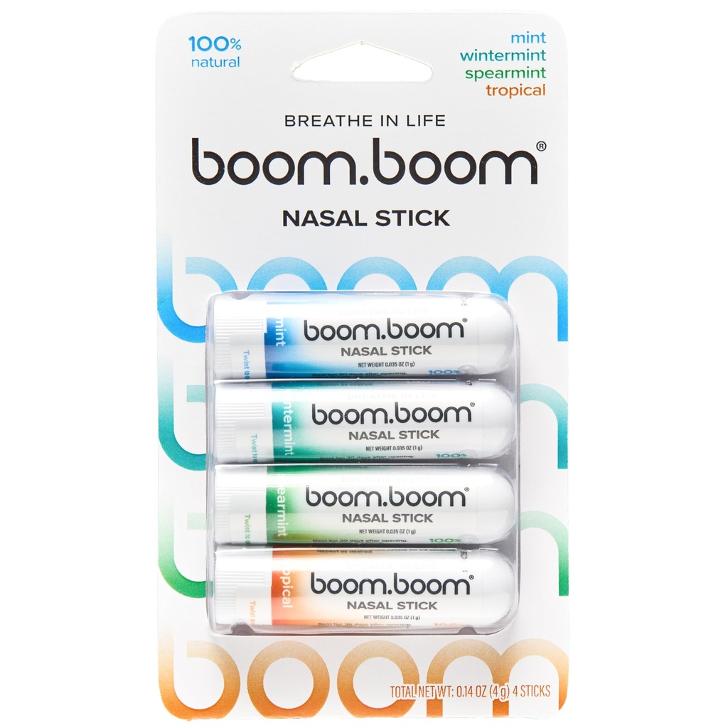 BoomBoom Nasal Stick er 124; Vapor Flow Technology er 124; Cool Forfriskning Sensation er 124; Natural Mood Boost er 124; Enkle ingredienser er 124; Væsentlige olier + Menthol Inhaler (Mint, Wintermint, Tropisk, Spearmint)