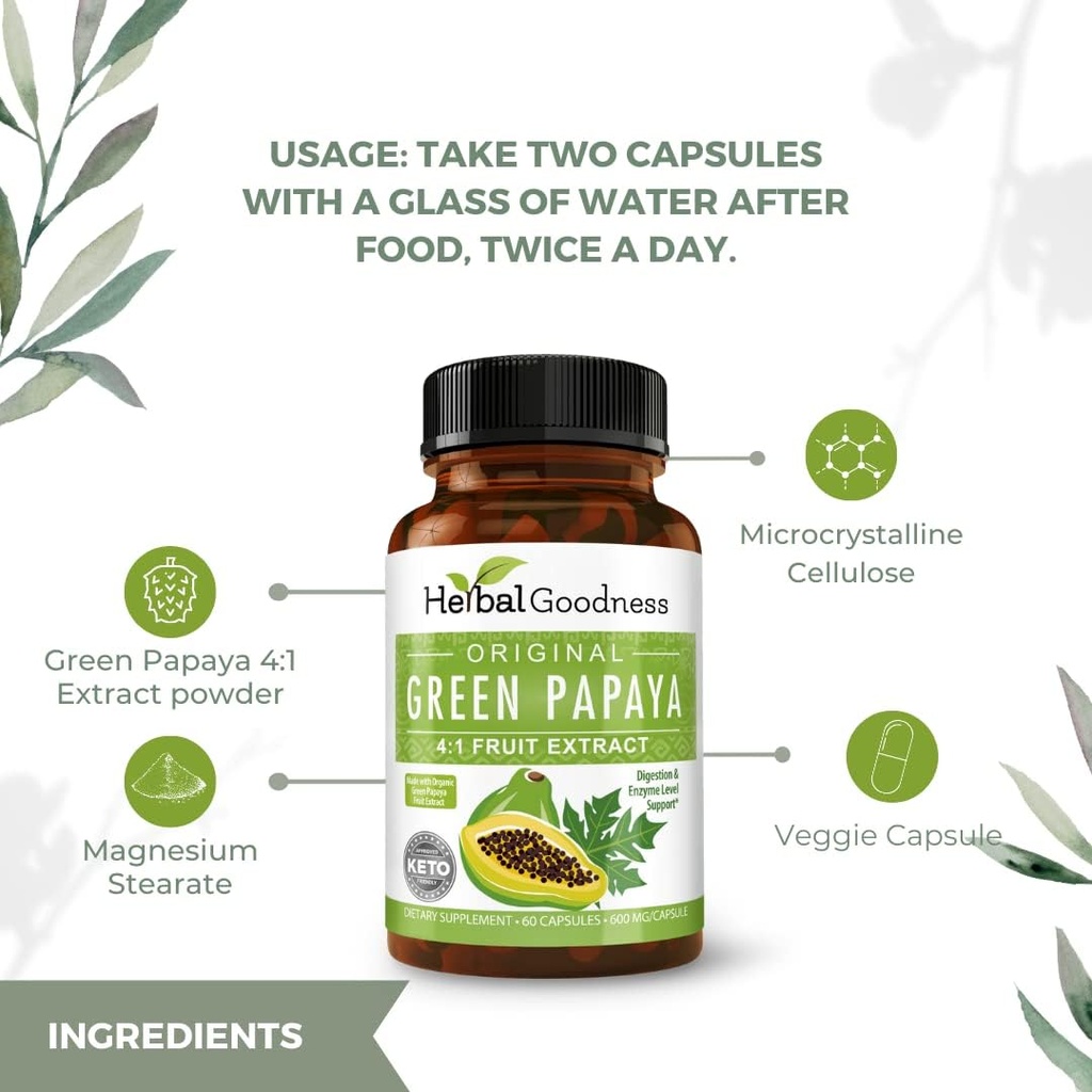 Grønne Papaya kapsler 4X Styrke, Organic Papaya Leaf & Fruit Extract for Blodplader, fordøjelsessygdomme, enzymer, Probiotika, Antioxidanter - 600mg, 60 Kapsler, Sag af 12 - Herbal godhed