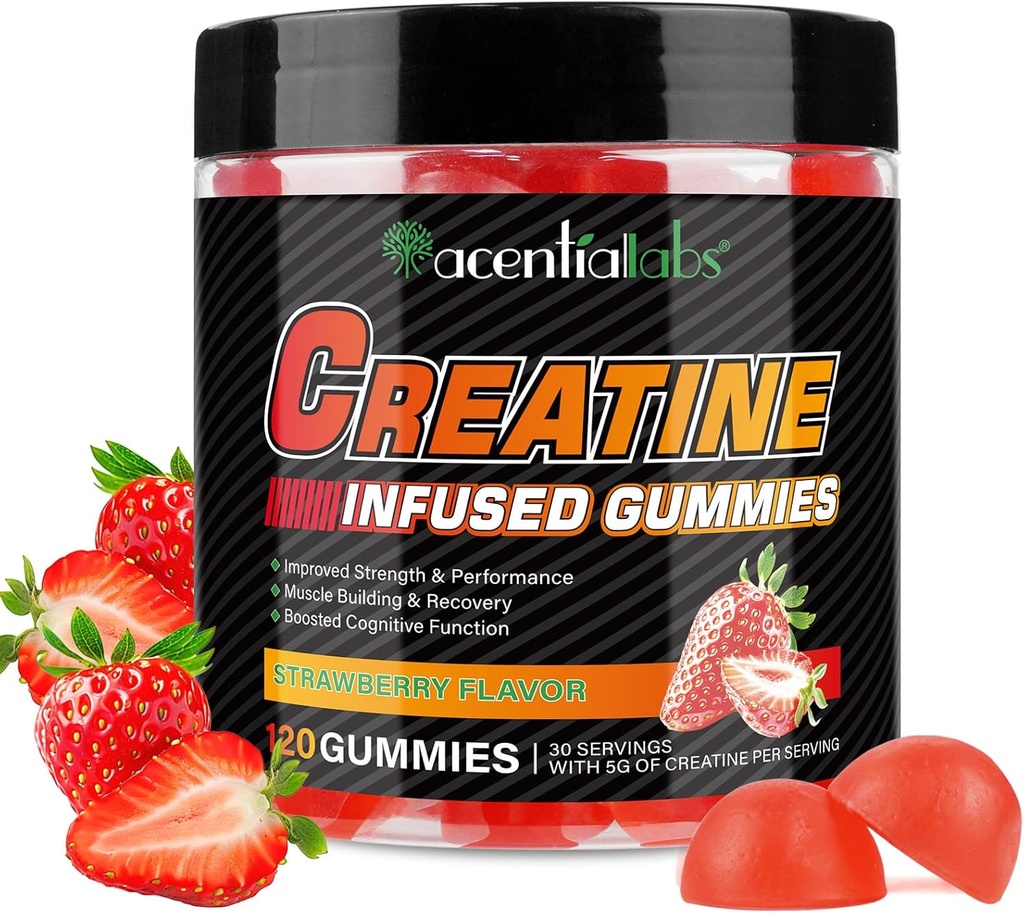 Creatine monohydrat Gummies 5000mg til mænd og kvinder, Creatine monohydrat, L- Taurine, Vitamin B12 til muskelvækst, Styrke, Focus, Energy & Health, Sugar Free, Vegan, Strawberry Flavor, 120 Greve