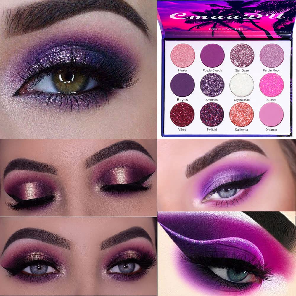 BINGBRUCH 12 Farver Glitter Lilla Pink Billige Eyeshadow Makeup Palette, Bright High Pigmented Metallic Shimmer Rainbow Farverige presset Eyeshadow Eye Makeup sæt til piger