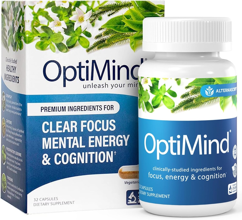 Optimind Bacopa Monnieri Brain Supplement til hukommelse og fokus, Nootropics med Phosphatidylserin, Huperzine A, Non- GMO, Klinisk Studerede Ingredienser, 32 Kapsler