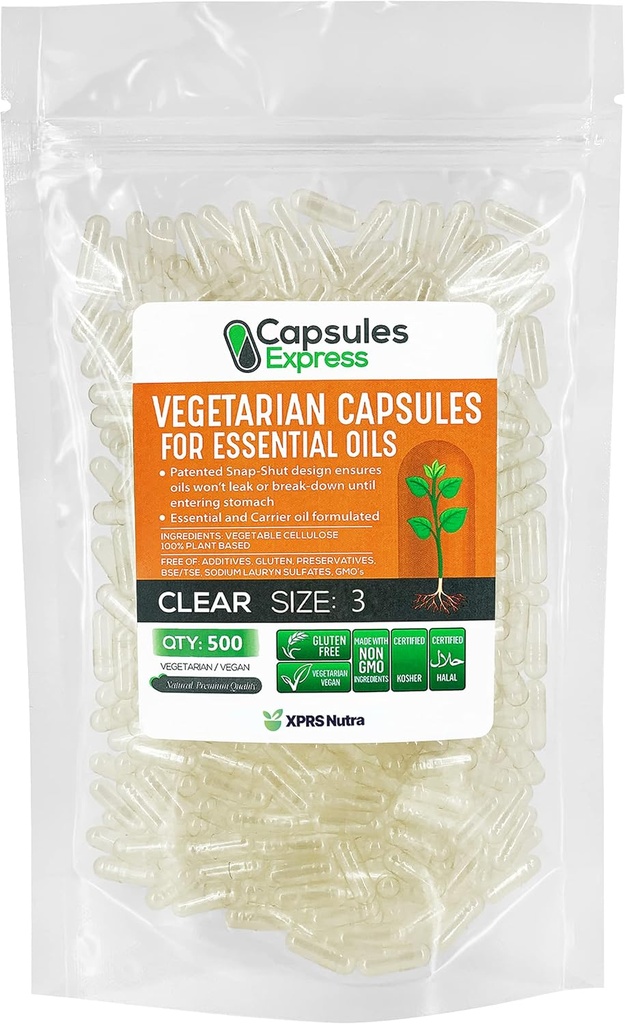 XPRS Nutra Størrelse 3 Tomme Veganske Kapsler - 500 Grev Clear Veggie Kapsler til mest essentielle olier - Tomme Vegetabilske Piller - DIY Oil Fyldning