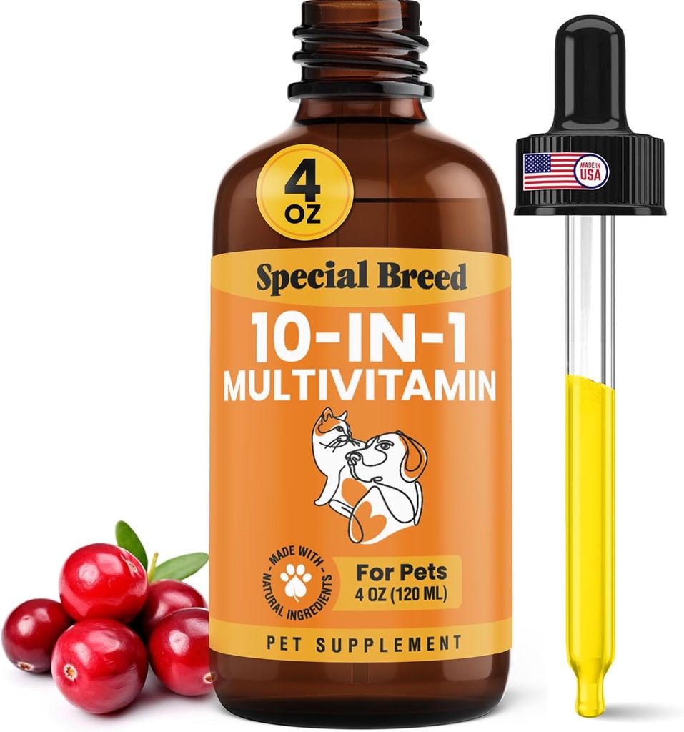 10- 1- Flydende Multivitamin til hunde og katte, 4 Ounce Multi Vitamin Supplement, Vitamin til hunde, Vitamin til katte, med Glucosamin & Tranebær, 4 oz