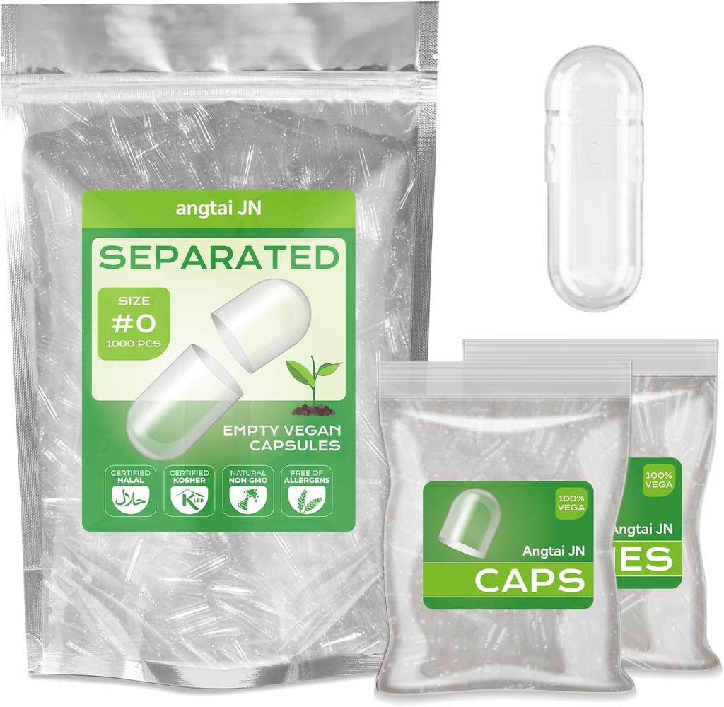 Vegansk Størrelse 0 Separated Capsules Tomme Pille Caps Plant Based Clear (1.000 Caps + 1.000 Karrosserier) Gluten Free, Non- GMO, Halal Certified Filling Kit for Vegetarisk gør dine egne Kosttilskud