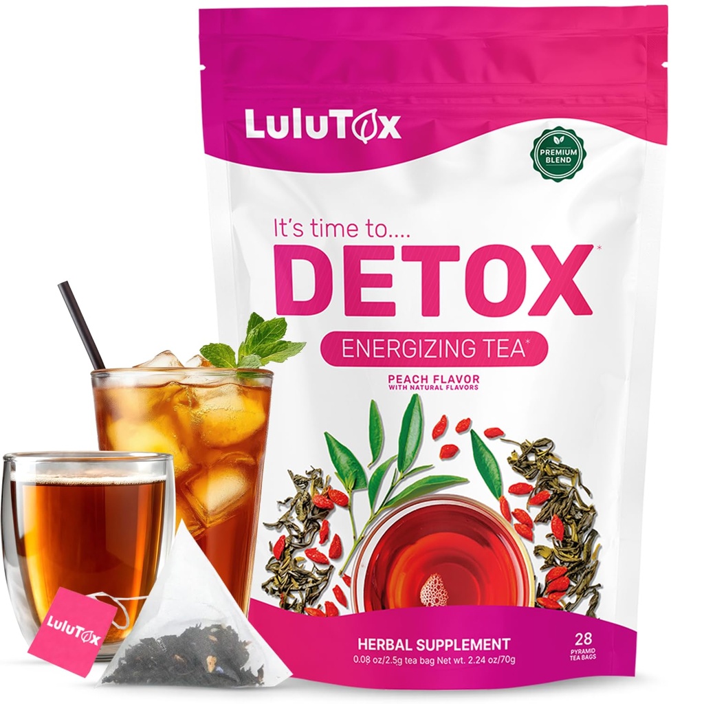LULUTOX Detox Tea - slankende te med Mælkebøtte og Ginseng til støtte Mål for Detox Rense, Flat Belly, Bloating, sund vægt og fordøjelsesbesvær - Kvinder & Mænd - Peach Flavor (28 Servere)
