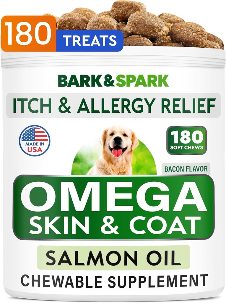 Omega 3 for hunde og katte - 180 Fish Oil Treats for Hund Shedding, Hud Allergi, Itch Relief, Hot Spots Treatment - Fælles sundhed - Hud og Coat Supplement - EPA & DHA fedtsyrer - Lakseolie - Bacon