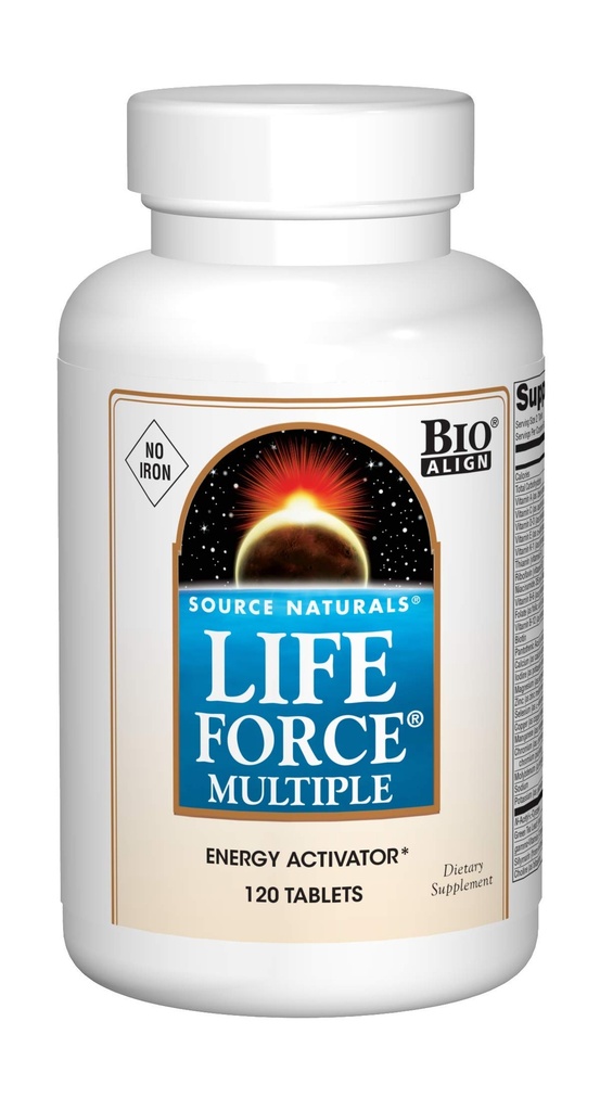 Source Naturals Life Force Multiple Iron Free Daily Multivitamin High Potency Essentielle Vitamin, Mineraler, Antioxidanter & Nutrienter - Energi & immunboost - 120 tabletter