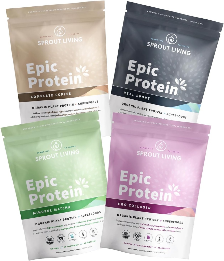 Spraut Living, Epic Protein Pro Collagen, Mindful Matcha, Real Sport og komplet kaffe, 12 Servere