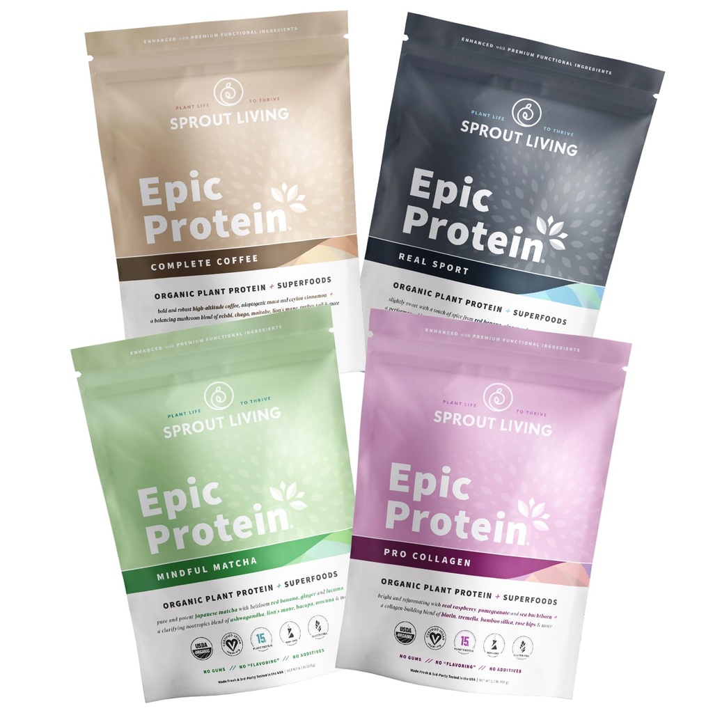 Spraut Living, Epic Protein Pro Collagen, Mindful Matcha, Real Sport og komplet kaffe, 12 Servere