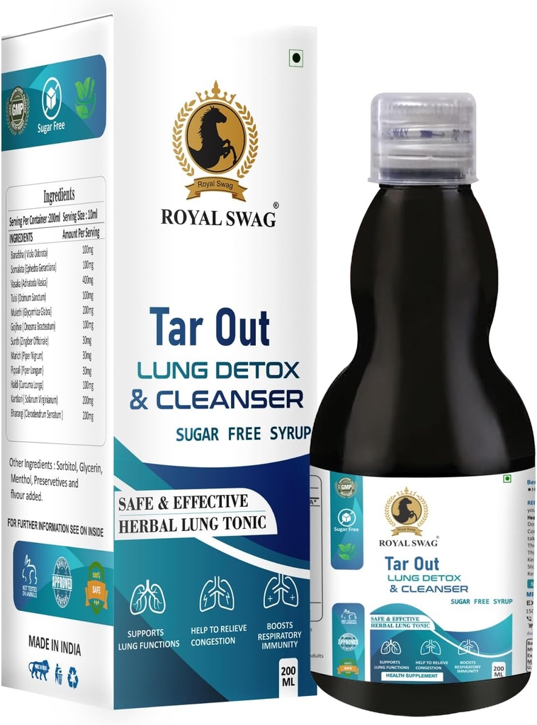 ROYAL SWAG Ayurveda Tar Out Syrup Lungs Detox Sugar Free (200 ML) Fjerner Tar fra Lungs På grund af for røg & luftforurening Herbal Syrup at fjerne toksiner fra Lung og Mucus Remover