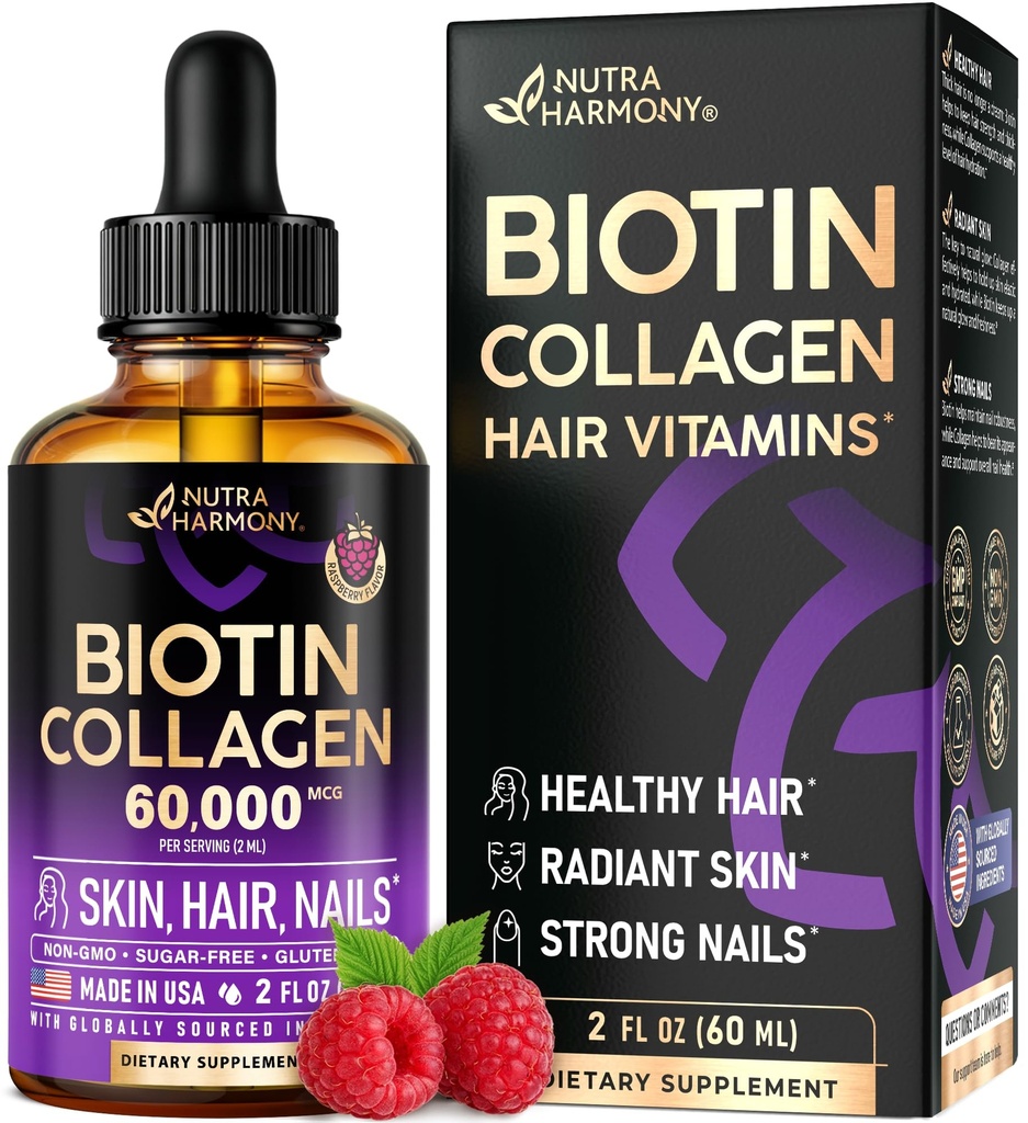Flydende biotin & kollagen - Vitaminer til hårvækst støtte til kvinder & mænd - Ekstra styrke 60000 mcg dråber - B7 Supplement - Stærke negle & sund hud - 98% hurtigere absorption end piller