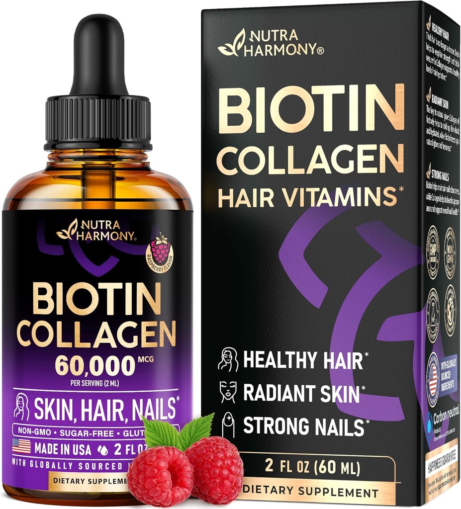 Liquid Biotin & Collagen - Vitamins for Hair Growth Support for Women & Men - Extra Strength 60000 mcg Drops - B7 Supplement - Strong Nails & Healthy Skin - 98% Faster Absorption Than Pills