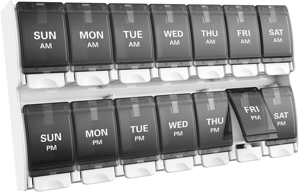 Sukuos Weekly 7 Day Pill Organizer, 2 gange en dag Pill Box Pill Cases (AM PM), Medicin Organizer for Vitamin / Fish Oil / Kosttilskud, Gigt venligt trykknap, let at rengøre