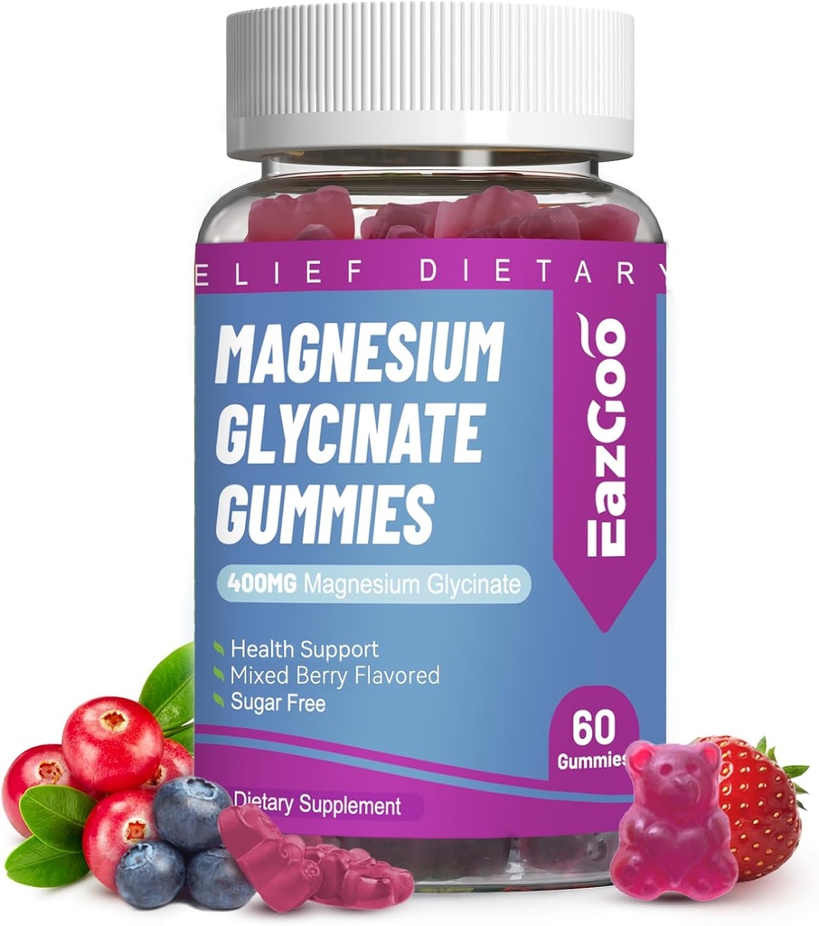 Magnesium Glycinat Gummies 400mg med L- Threonin 200mg - sukkerfri Magnesium Kalium tillæg med vitamin D, B6, CoQ10 for Muskel - 60 blandet berry smag Gummies