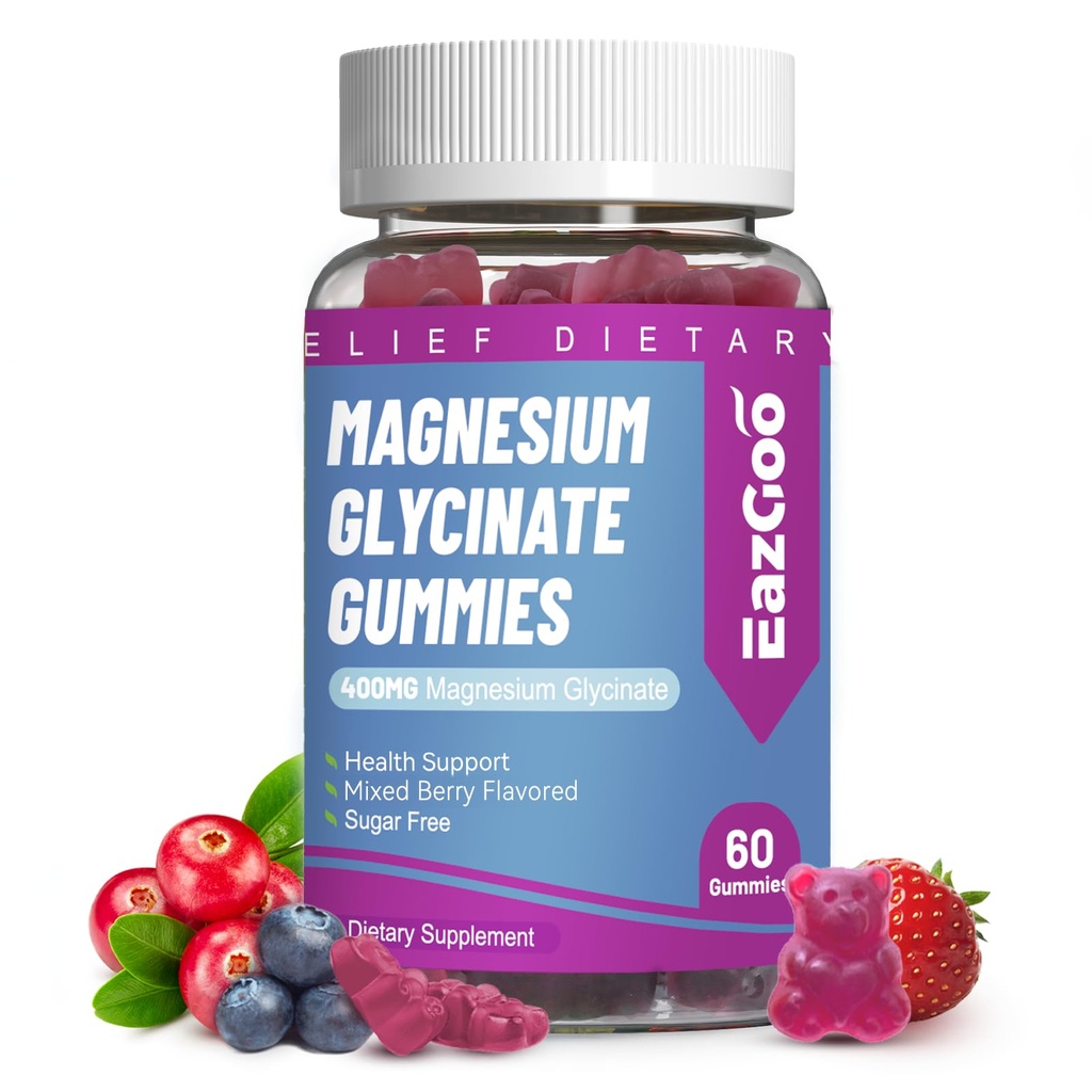 Magnesium Glycinat Gummies 400mg med L- Threonin 200mg - sukkerfri Magnesium Kalium tillæg med vitamin D, B6, CoQ10 for Muskel - 60 blandet berry smag Gummies
