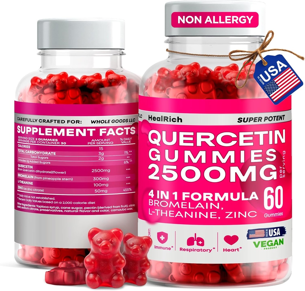 Quercetin Gummies - 2500MG Quercetin med Bromelain L- theanin & Zink - Pure Supplement for immunsystem Lung and Allergy Support - Immunity Booster Vegan Kosttilskud til børn og voksne - Made in US