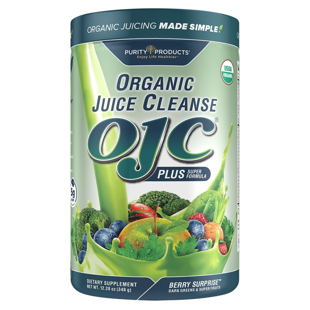 Certified Organic Juice Cleanse OC Plus Berry Surprise - Renhed Produkter - 30 + Organic Veggies and Fruits - 5 Grams of Fiber - fremmer energi og fordøjelsesfunktion - 12.28 oz - 348 g - 30 Servering