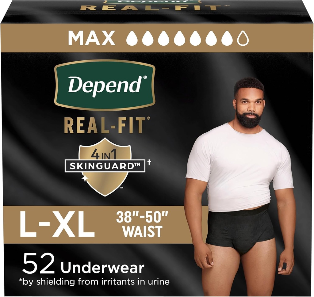 Depend Real Fit Adult Diapers, Incontinence Underwear for Men, Disposable, Maximum Absorbency, Large/Extra Large, Black, 52 Count (2 packs of 26), Packaging May Vary