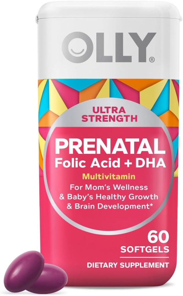 OLLY Ultra Strength Prenatal Multivitamin Softgels, understøtter sund vækst, hjerne udvikling, jern, folinsyre, DHA, vitaminer C, E, 30 Day Supply-60 Tæl