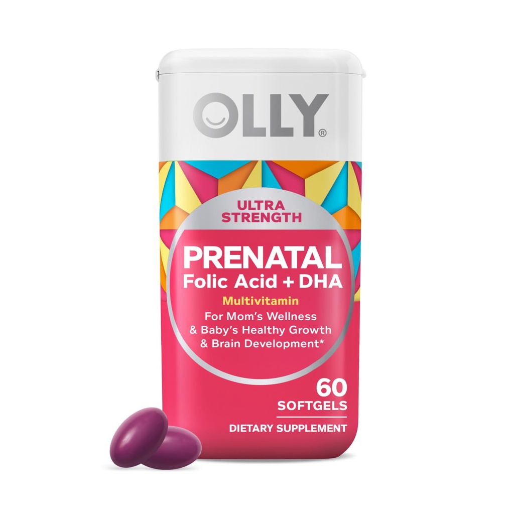 OLLY Ultra Strength Prenatal Multivitamin Softgels, understøtter sund vækst, hjerne udvikling, jern, folinsyre, DHA, vitaminer C, E, 30 Day Supply-60 Tæl