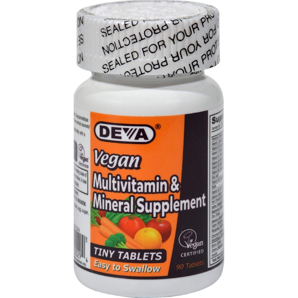 DEVA Vegan Multivitamin til kvinder og mænd med jern, C-vitamin, E, B Complex vitaminer, zink, 90 små tabletter