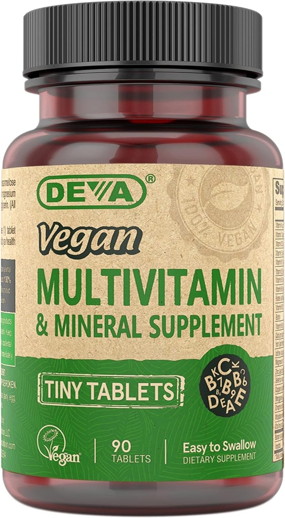 DEVA Vegan Multivitamin til kvinder og mænd med jern, C-vitamin, E, B Complex vitaminer, zink, 90 små tabletter