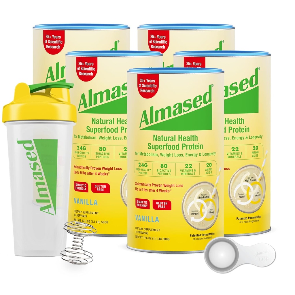 Almased staff 124; High Protein Shakes; Meal Erstatning Shake 124; Meal Erstatning Powder for Weight Loss med Shaker flaske (Vanilla Flavor, 5 Cans på 17,6 oz + Scoop)