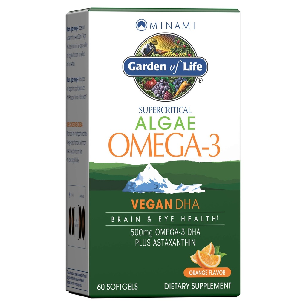 Garden of Life Minami Algae Omega 3 Vegan DHA for Brain and Eye Health - Orange Flavor, 500mg Plant Based DHA Omega-3 Vegan Algae Oil plus Astaxanthin, No aftertaste, 60 easy-to-swallow Mini Softgels