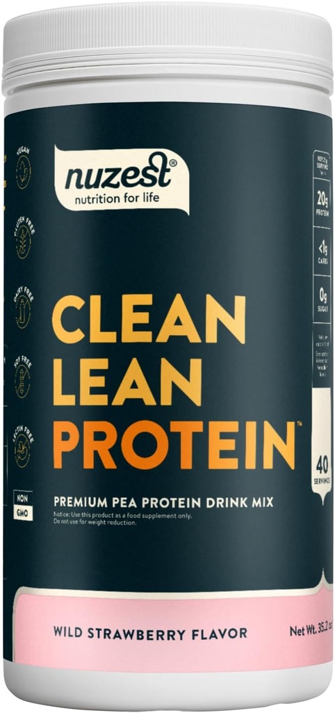Nuzest - Pea Protein Powder - Clean Lean Protein, Premium Vegan Plant Based Protein Powder, Dairy Free, Gluten Free, GMO fri, naturligt sødet, Wild Strawberry, 40 Servering, 2,2 lb