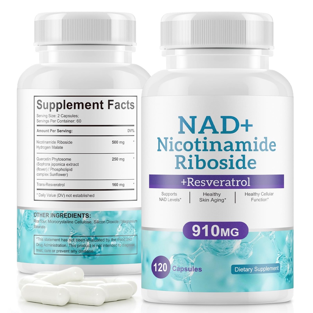NAD + Supplement Alternativ - Liposomal Nicotinamid Riboside - Resveratrol & Quercetin - High Renhed NAD Kosttilskud til Anti- Aging, Focus, Energy 120 Kapsler