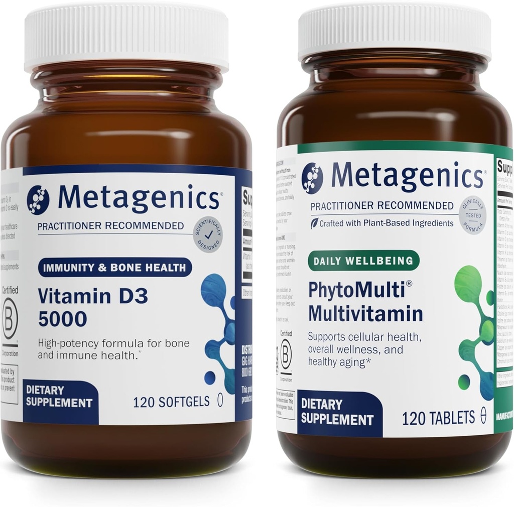 Metagenics Bundle - D3 5000 & PhytoMulti uden jern - 120 Softgels af D3 5000 for immunforsvar, Knoglesundhed & hjerte - 120 tabletter af PhytoMulti uden jern for total sundhed & aldring